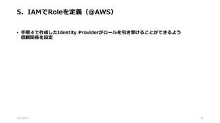 5．IAMでRoleを定義（@AWS）
• 手順４で作成したIdentity Providerがロールを引き受けることができるよう
信頼関係を設定
2015/8/31 19
 