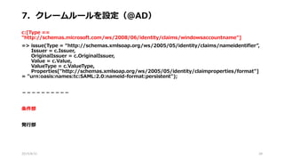 7．クレームルールを設定（@AD）
c:[Type ==
"http://schemas.microsoft.com/ws/2008/06/identity/claims/windowsaccountname"]
=> issue(Type = “http://schemas.xmlsoap.org/ws/2005/05/identity/claims/nameidentifier”,
Issuer = c.Issuer,
OriginalIssuer = c.OriginalIssuer,
Value = c.Value,
ValueType = c.ValueType,
Properties["http://schemas.xmlsoap.org/ws/2005/05/identity/claimproperties/format"]
= "urn:oasis:names:tc:SAML:2.0:nameid-format:persistent");
－－－－－－－－－－
条件部
発行部
2015/8/31 28
 