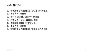 ハンズオン
1. VPCおよび作業用EC2インスタンスの作成
2. クラスターの作成
3. データのLoad／Query／Unload
4. スナップショットの取得／削除
5. 各種設定の確認（オプション）
6. クラスターの削除
7. VPCおよび作業用EC2インスタンスの削除
2016/5/23 13
 