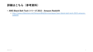 詳細はこちら（参考資料）
• AWS Black Belt Tech シリーズ 2015 - Amazon Redshift
• http://www.slideshare.net/AmazonWebServicesJapan/aws-black-belt-tech-2015-amazon-
redshift
2016/5/23 5
 