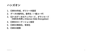 ハンズオン
1. CMKの作成、ポリシーの設定
2. データの暗号化、復号化（一般ユーザ）
3. S3へのデータのアップロード、ダウンロード
（KMSを利用したServer-Side Encryption）
4. CMKのローテーション設定
5. CMKの無効化、有効化
6. CMKの削除
2016/8/14 8
 