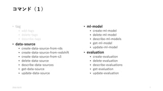 ハンズオン資料
• データソースの作成（学習モデルの作成用）
• https://goo.gl/HmpKWJ
• 学習モデルの作成
• https://goo.gl/yPrxLI
• モデルの評価
• https://goo.gl/Y4OYE4
• データソースの作成（バッチ予測用）
• https://goo.gl/ZgtHU6
• バッチ予測の実行（バッチ予測）
• https://goo.gl/VHVHWz
• 学習モデルの更新
• https://goo.gl/mg030u
• エンドポイントの作成、リアルタイム予測の実行
• https://goo.gl/HVRppK
• リソースの削除
• https://goo.gl/HY2Aos
2016/10/25 7
 