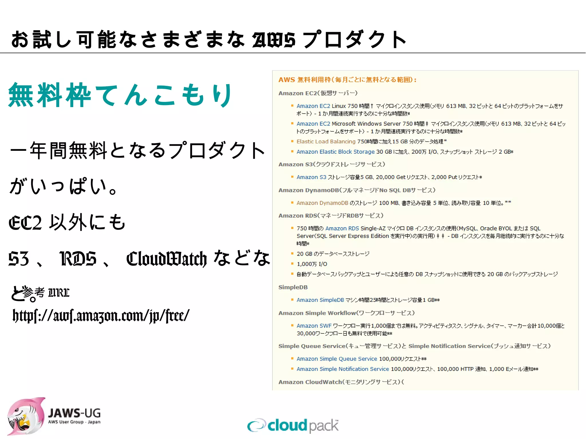 お試し可能なさまざまなAWSプロダクト

無料枠てんこもり
⼀年間無料となるプロダクト
がいっぱい。
EC2以外にもS3、RDS、
CloudWatchなどなど。
▼参考URL

https://aws.amazon.com/jp/
free/
 