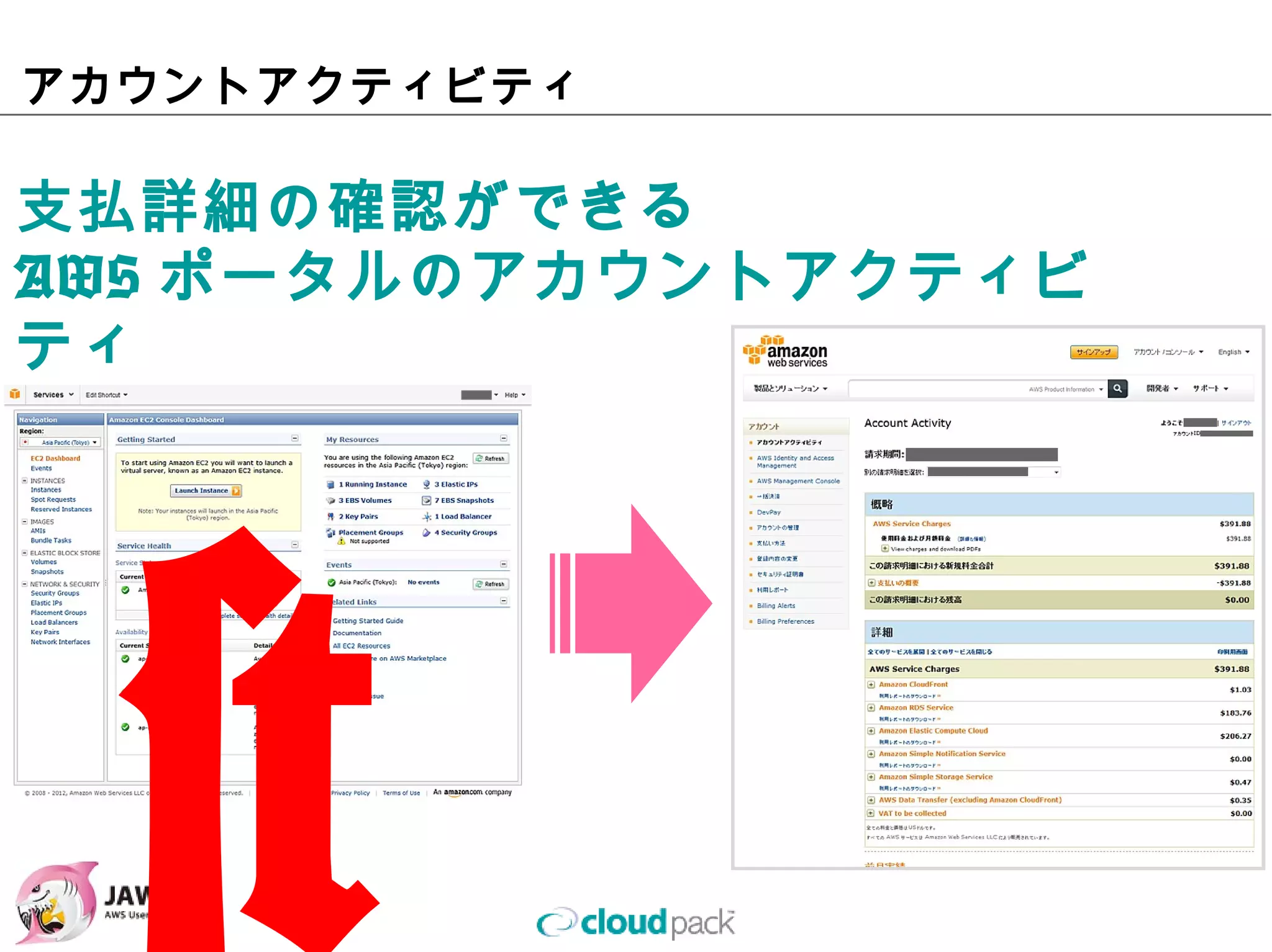 アカウントアクティビティ

⽀払詳細の確認ができる
AWSポータルのアカウントアクティビティ
 