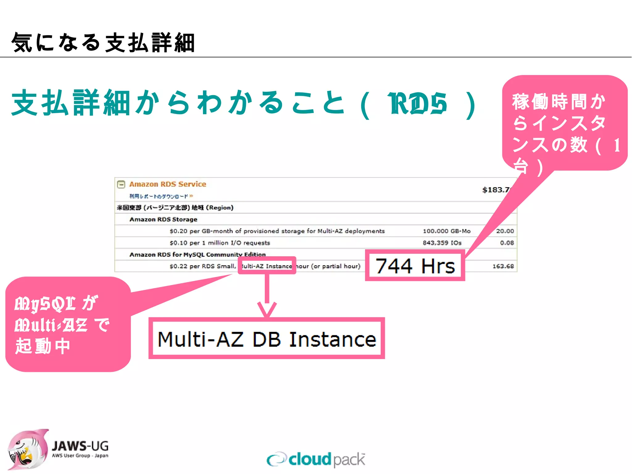 気になる⽀払詳細

⽀払詳細からわかること（RDS）   稼働時間から
                   インスタンス
                   の数（1台）




MySQLが
Multi-AZで
起動中
 