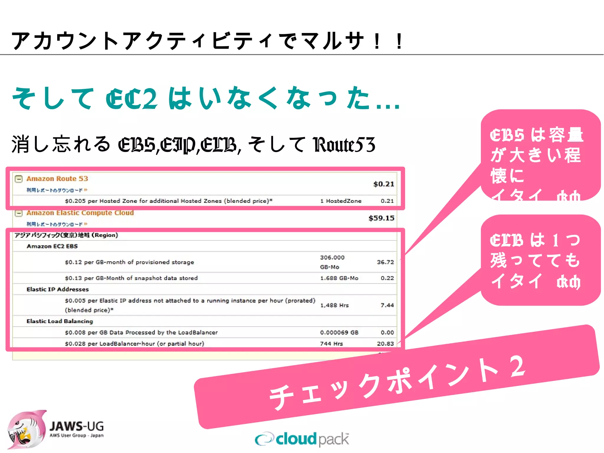 アカウントアクティビティでマルサ！！

そしてEC2はいなくなった…
消し忘れるEBS,EIP,ELB,そしてRoute53   EBSは容量が
                              ⼤きい程懐に
                              イタイ ><


                              ELBは1つ
                              残ってても
                              イタイ ><
 