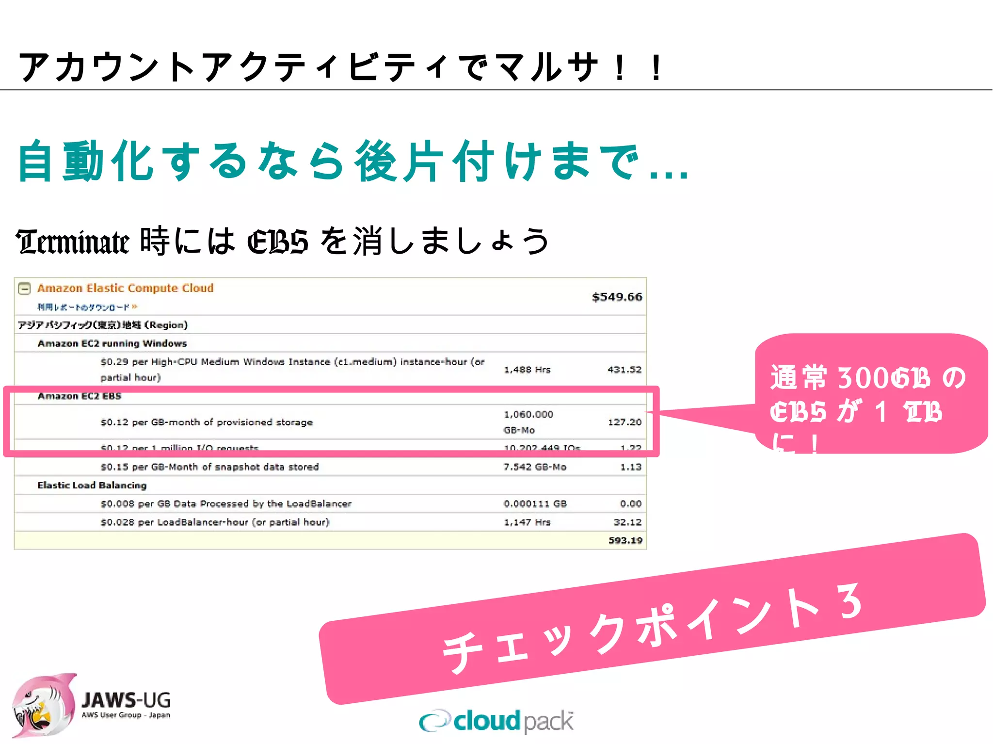アカウントアクティビティでマルサ！！

⾃動化するなら後⽚付けまで…
Terminate時にはEBSを消しましょう



                         通常300GBの
                         EBSが１TBに！
 