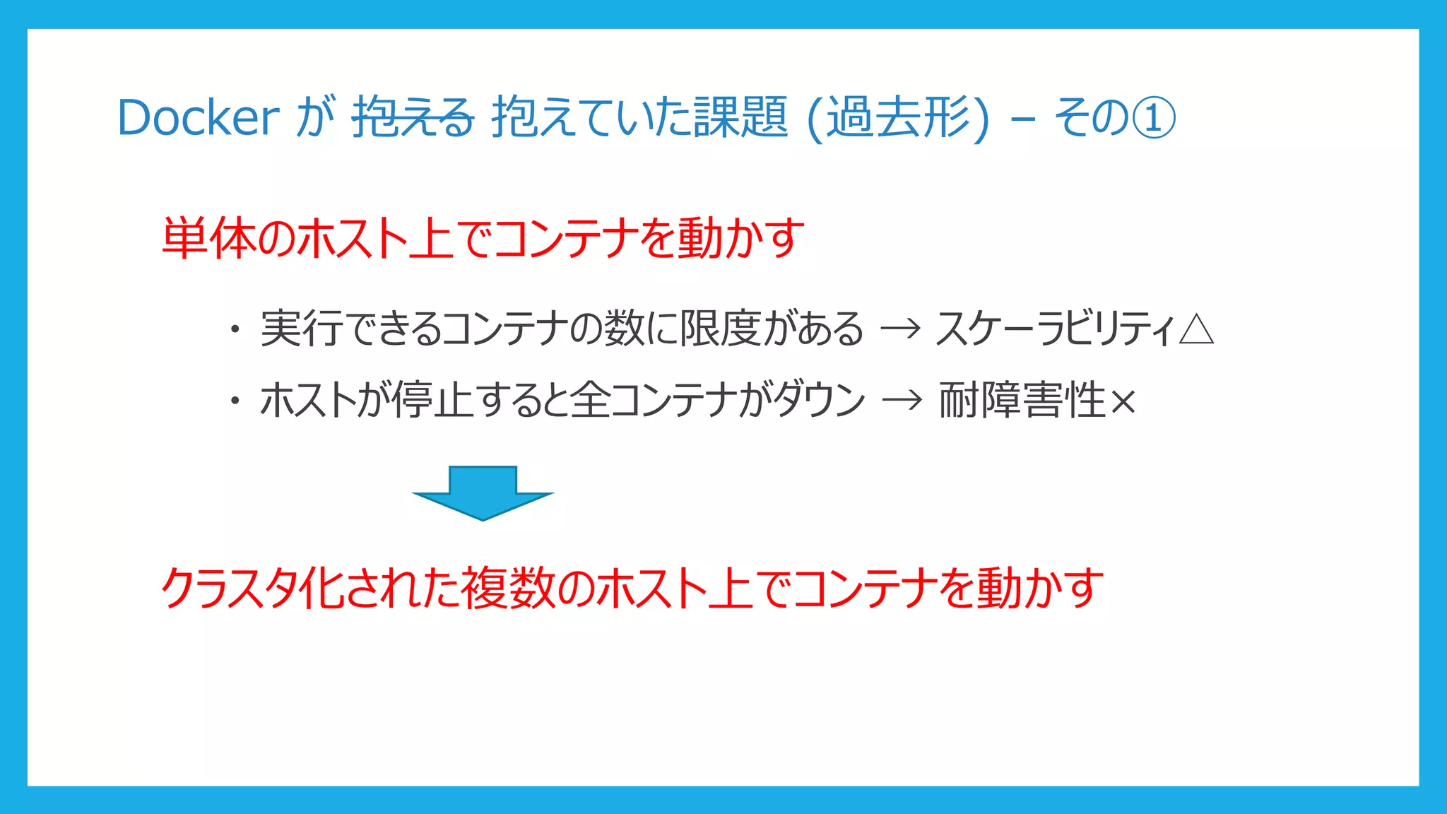 Docker が 抱える 抱えていた課題 (過去形) – その①
単体のホスト上でコンテナを動かす
・ 実行できるコンテナの数に限度がある → スケーラビリティ△
・ ホストが停止すると全コンテナがダウン → 耐障害性×
クラスタ化された複数のホスト上でコンテナを動かす
 