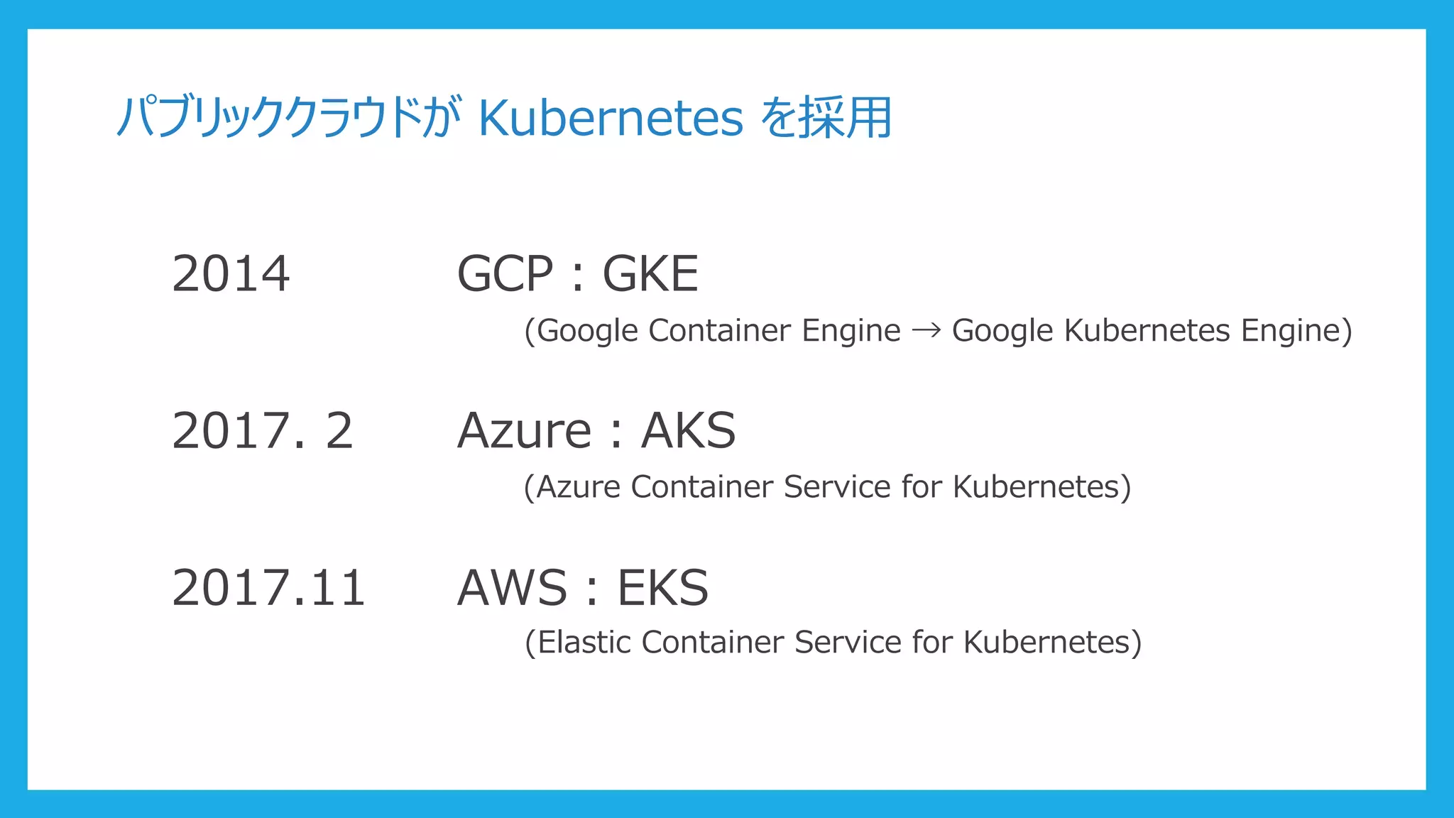 パブリッククラウドが Kubernetes を採用
2014 GCP：GKE
(Google Container Engine → Google Kubernetes Engine)
2017. 2 Azure：AKS
(Azure Container Service for Kubernetes)
2017.11 AWS：EKS
(Elastic Container Service for Kubernetes)
 