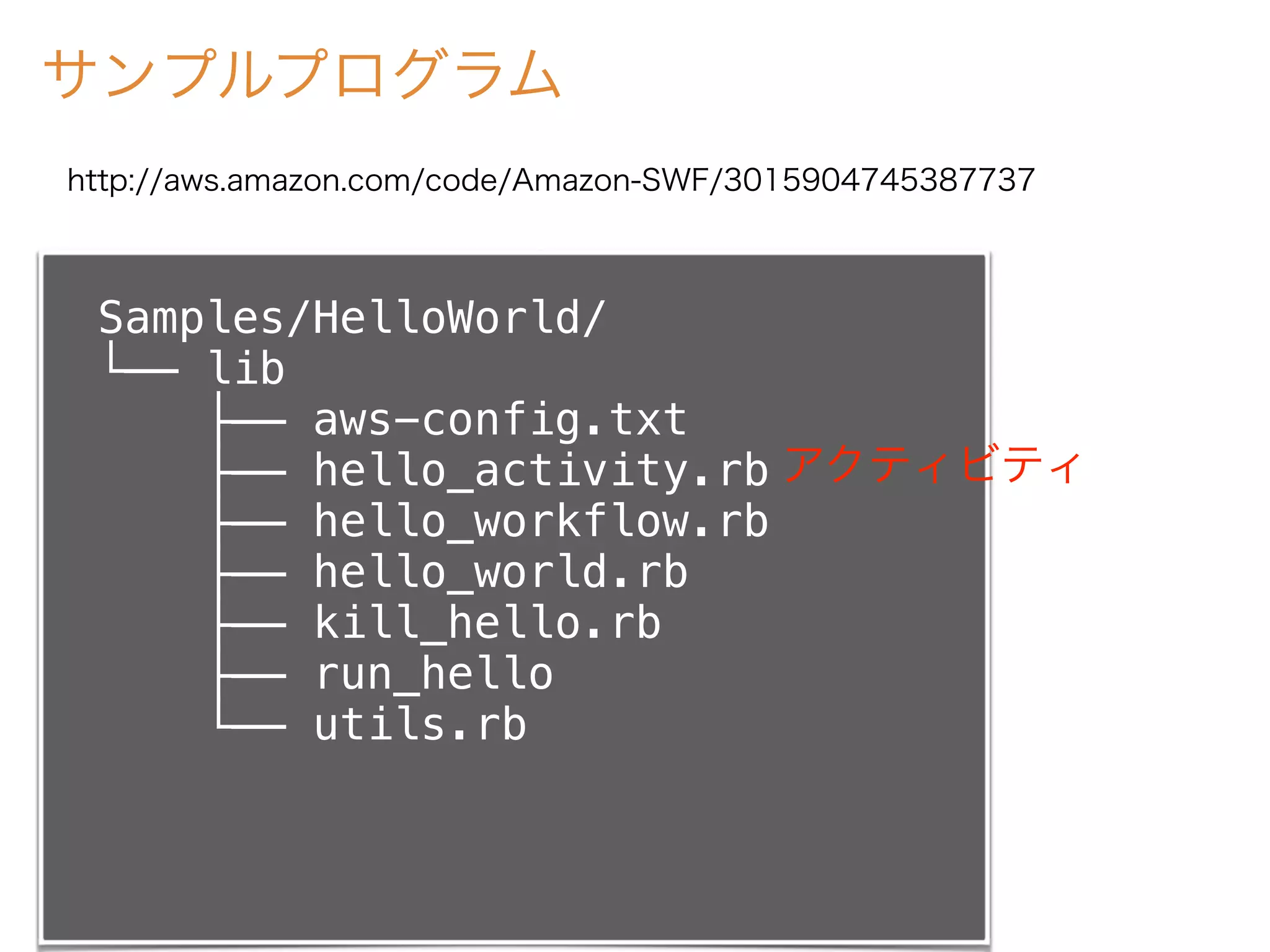 サンプルプログラム
Samples/HelloWorld/
└── lib
├── aws-config.txt
├── hello_activity.rb
├── hello_workflow.rb
├── hello_world.rb
├── kill_hello.rb
├── run_hello
└── utils.rb
http://aws.amazon.com/code/Amazon-SWF/3015904745387737
アクティビティ
 