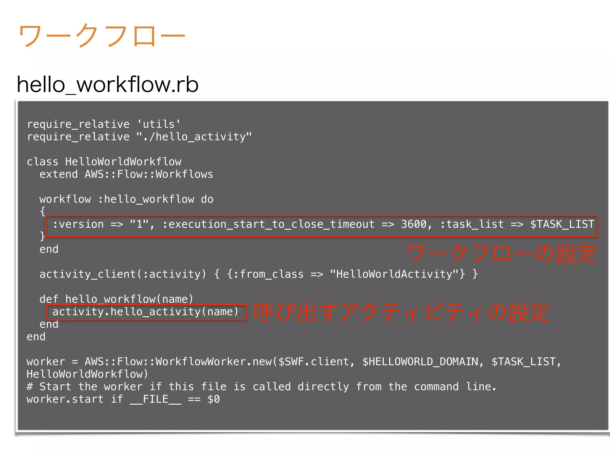 ワークフロー
require_relative 'utils'
require_relative "./hello_activity"
class HelloWorldWorkflow
extend AWS::Flow::Workflows
workflow :hello_workflow do
{
:version => "1", :execution_start_to_close_timeout => 3600, :task_list => $TASK_LIST
}
end
activity_client(:activity) { {:from_class => "HelloWorldActivity"} }
def hello_workflow(name)
activity.hello_activity(name)
end
end
worker = AWS::Flow::WorkflowWorker.new($SWF.client, $HELLOWORLD_DOMAIN, $TASK_LIST,
HelloWorldWorkflow)
# Start the worker if this file is called directly from the command line.
worker.start if __FILE__ == $0
hello_workﬂow.rb
呼び出すアクティビティの設定
ワークフローの設定
 