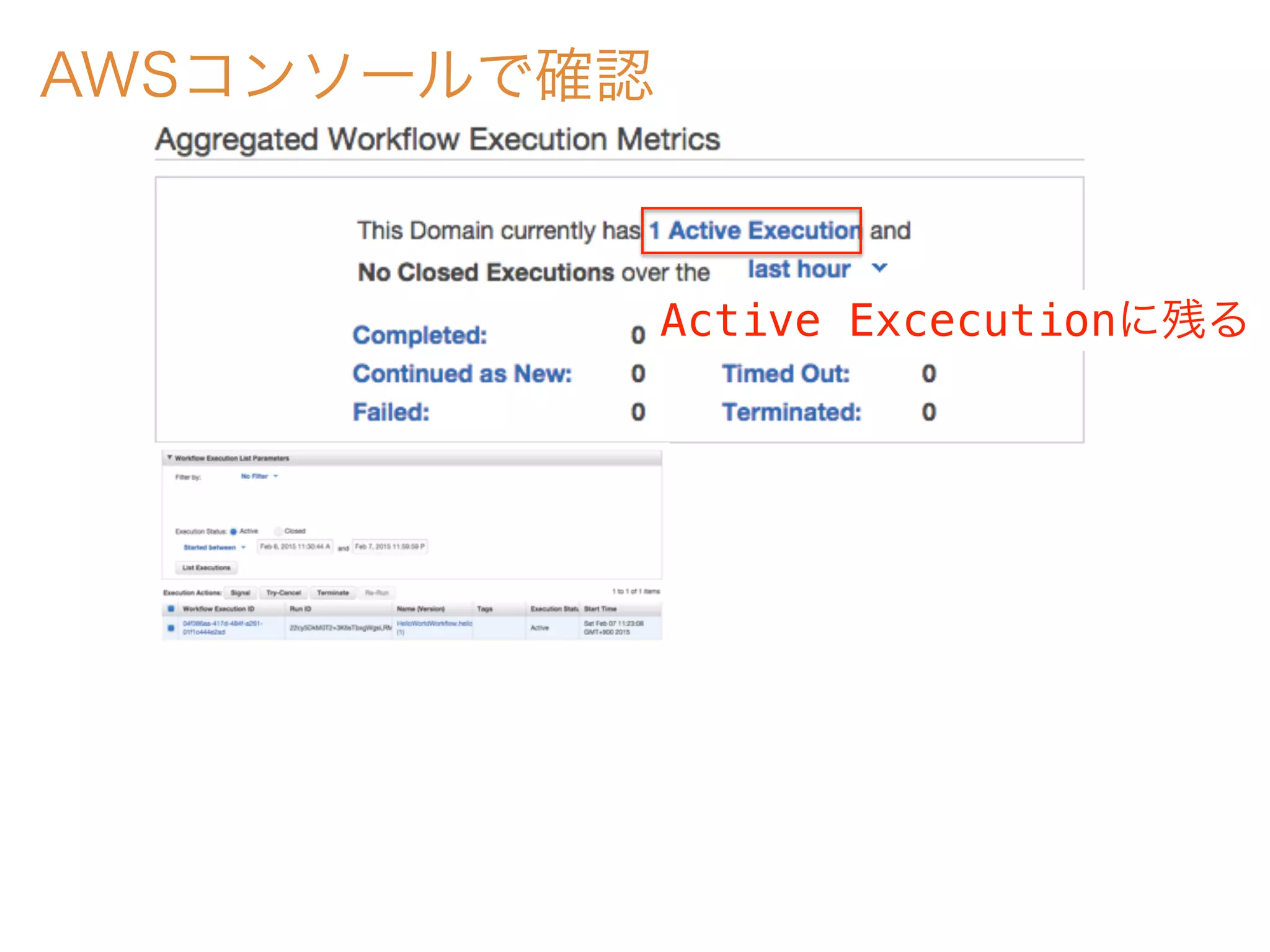 AWSコンソールで確認
Active Excecutionに残る
 