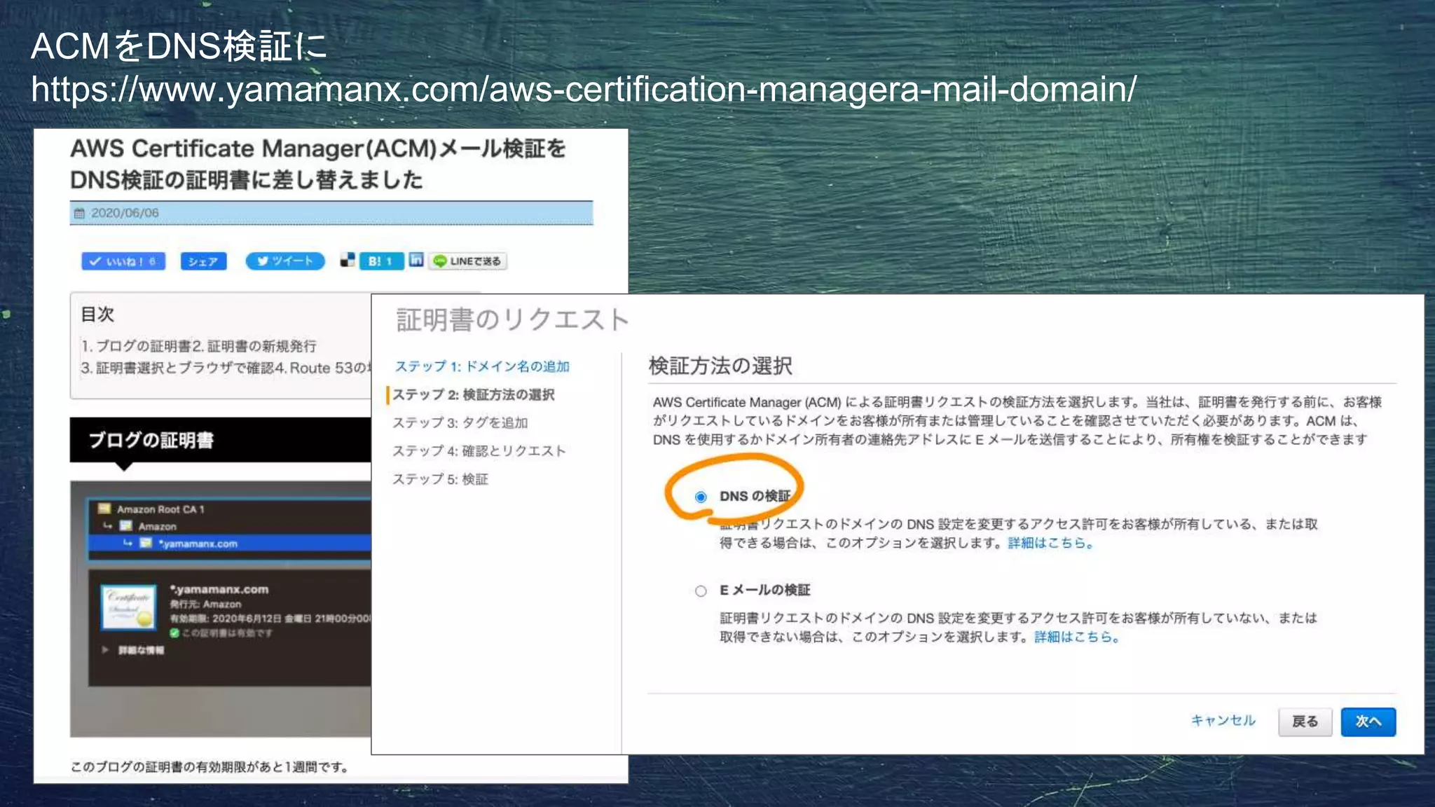 ACMをDNS検証に
https://www.yamamanx.com/aws-certification-managera-mail-domain/
 