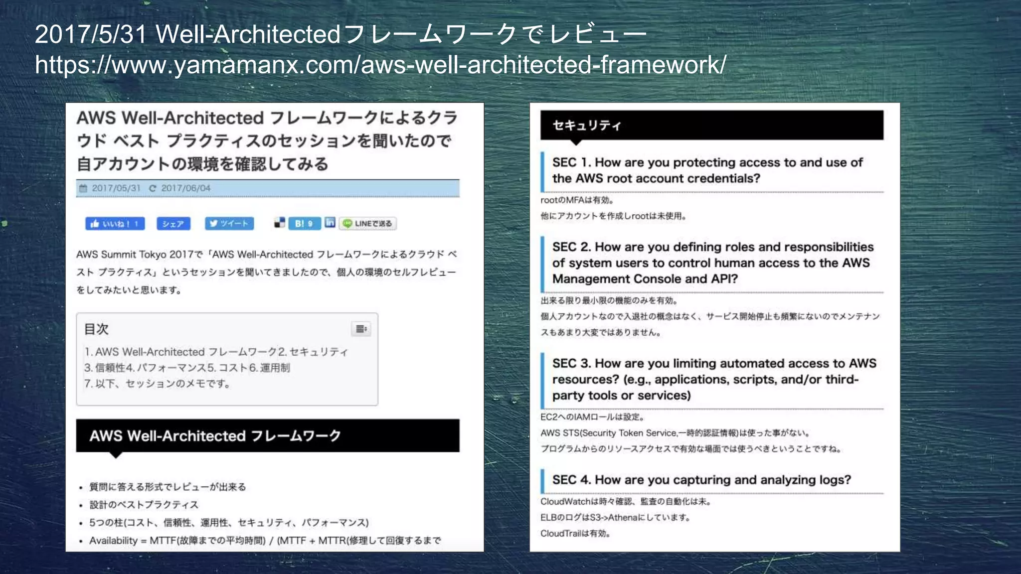 2017/5/31 Well-Architectedフレームワークでレビュー
https://www.yamamanx.com/aws-well-architected-framework/
 