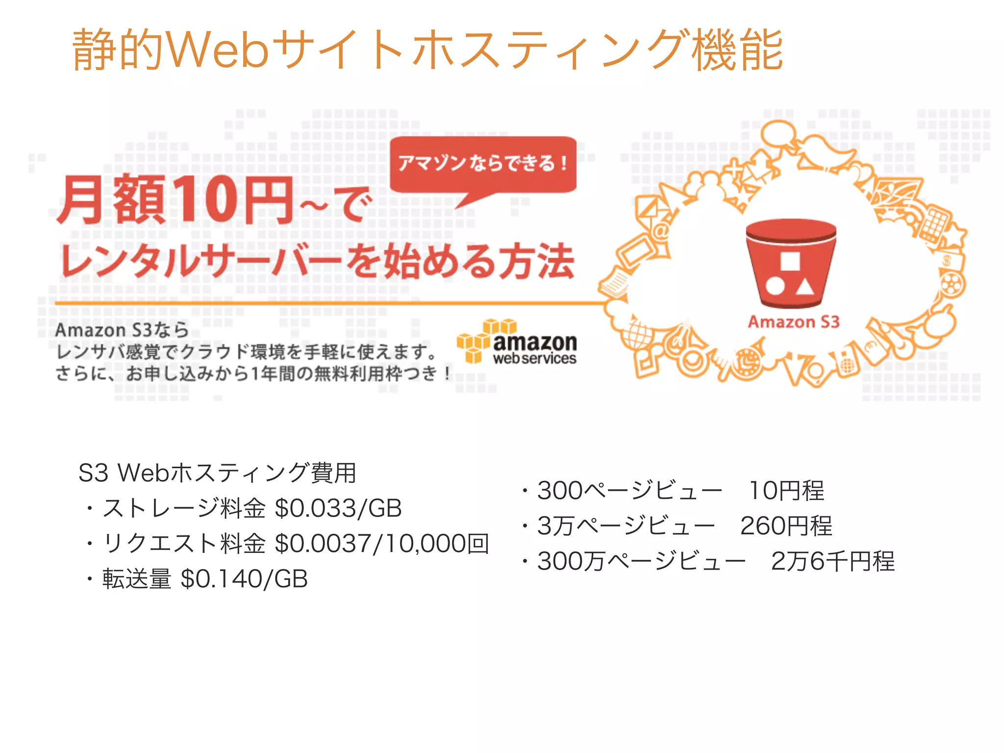静的Webサイトホスティング機能
S3 Webホスティング費用
・ストレージ料金 $0.033/GB
・リクエスト料金 $0.0037/10,000回
・転送量 $0.140/GB
・300ページビュー 10円程
・3万ページビュー 260円程
・300万ページビュー 2万6千円程
 