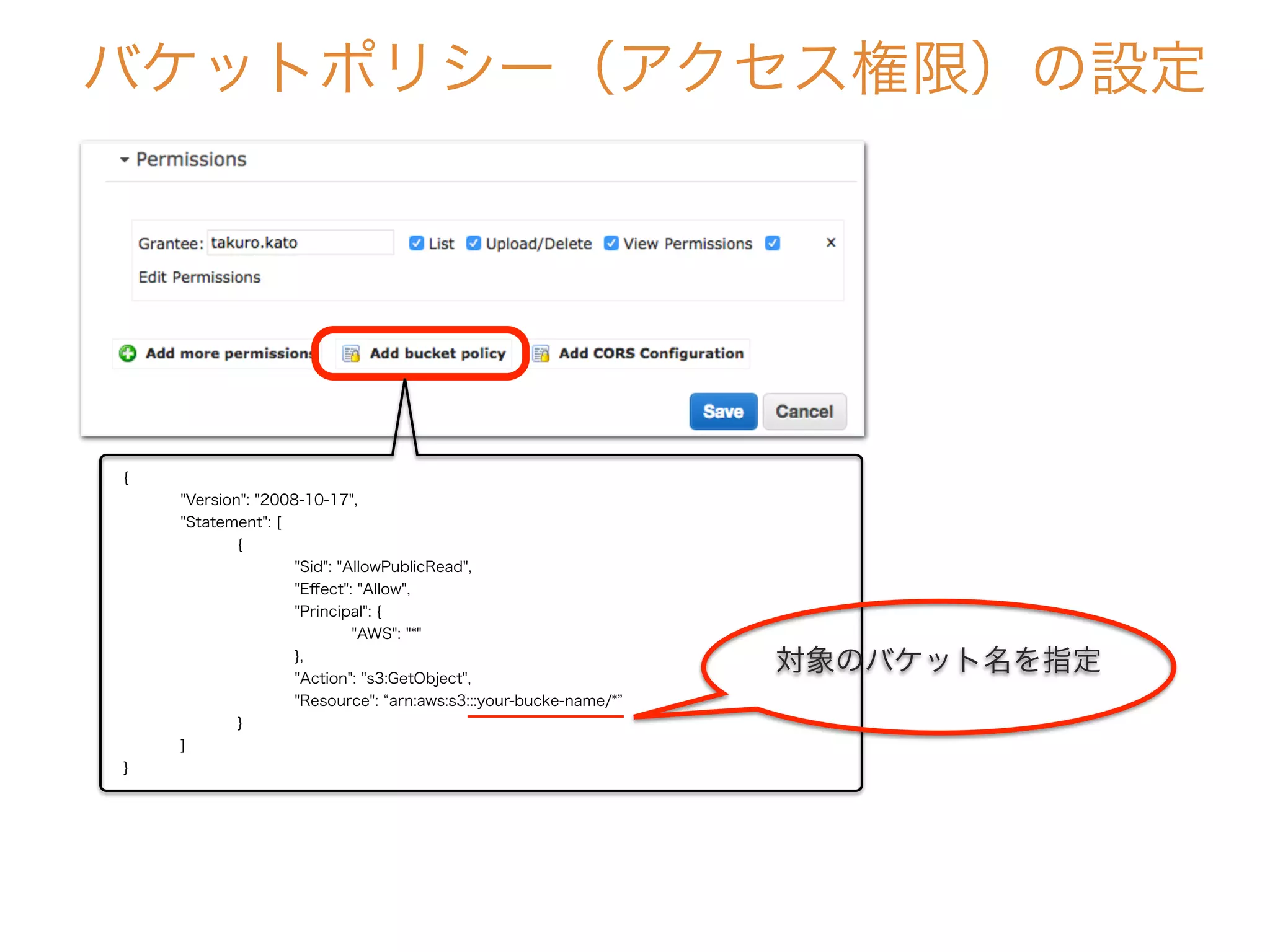 バケットポリシー（アクセス権限）の設定
{
"Version": "2008-10-17",
"Statement": [
{
"Sid": "AllowPublicRead",
"Eﬀect": "Allow",
"Principal": {
"AWS": "*"
},
"Action": "s3:GetObject",
"Resource": arn:aws:s3:::your-bucke-name/*
}
]
}
対象のバケット名を指定
 