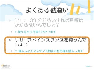 よくある勘違い
1年 or 3年分前払いすれば月額は
かからないんでしょ？
☓ 僅かながら月額もかかります

リザーブドインスタンスを買うんで
しょ？
△ 購入したインスタンス相当の利用権を購入します

 