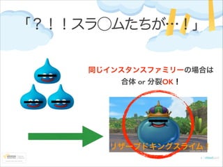 「？！！スラ⃝ムたちが…！」
同じインスタンスファミリーの場合は
合体 or 分裂OK！

リザーブドキングスライム！

 