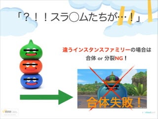 「？！！スラ⃝ムたちが…！」
違うインスタンスファミリーの場合は
合体 or 分裂NG！

合体失敗！

 
