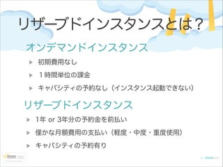 リザー
ブドインスタンスとは？
オンデマンドインスタンス
初期費用なし
１時間単位の課金
キャパシティの予約なし（インスタンス起動できない）

リザーブドインスタンス
1年 or 3年分の予約金を前払い
僅かな月額費用の支払い（軽度・中度・重度使用）
キャパシティの予約有り

 