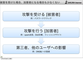 被害を受けた場合、加害者になる場合も少なくない
24
攻撃を受ける [被害者]
例：パスワードクラック
攻撃を行う [加害者]
例：spam送信、DoS攻撃、フィッシングサイト
第三者、他のユーザへの影響
例：DNSBLへの登録
14年3月29日土曜日
 