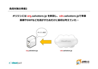 負荷対策の準備2


 オリジンには org.salvatore.jp を新設し、cdn.salvatore.jpで準備
     画像やSWFなどを逃がすためだけに最初は考えていた…
     画像や   などを逃がすためだけ 最初は考   た




                        オリジン指定




                                  CloudFront




         org.salvatore.jp        cdn.salvatore.jp
 