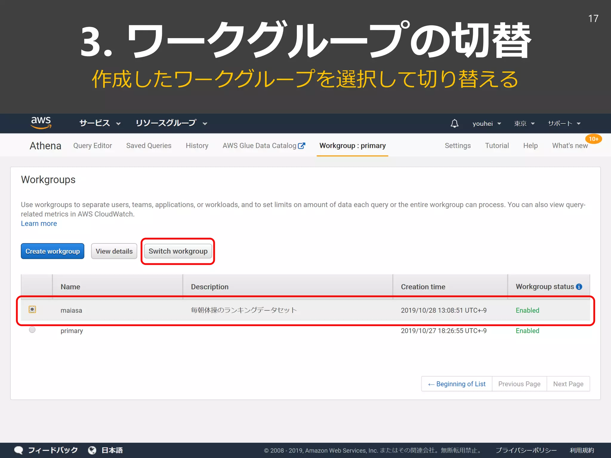 3. ワークグループの切替
作成したワークグループを選択して切り替える
17
 