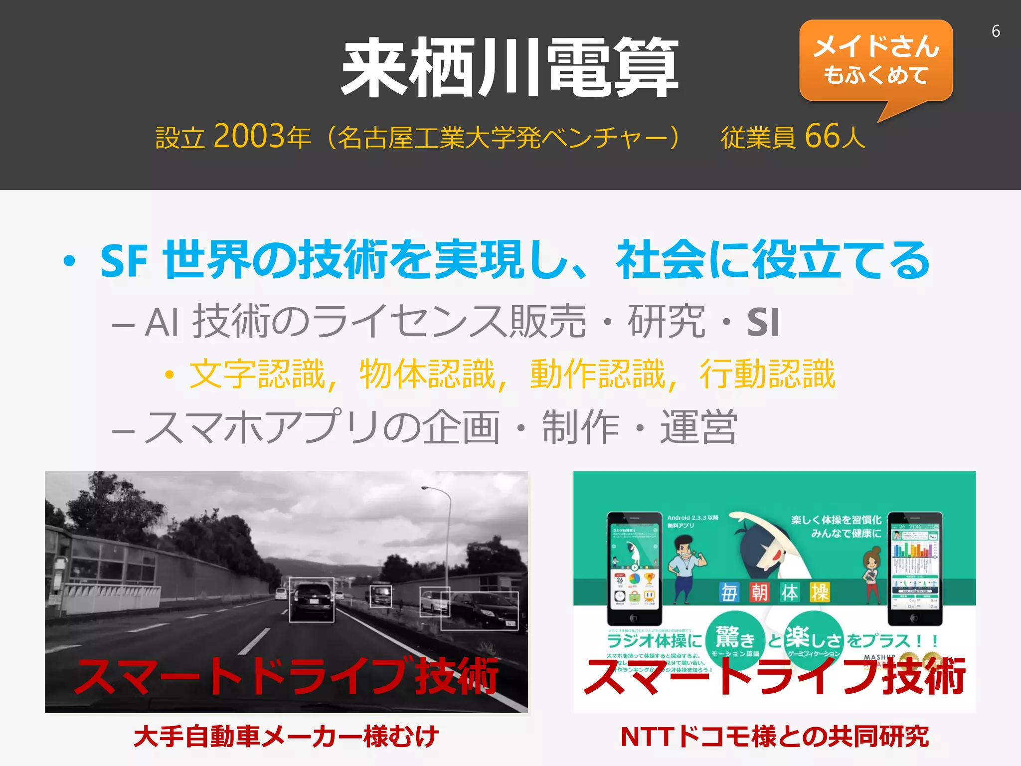 来栖川電算
設立 2003年（名古屋工業大学発ベンチャー） 従業員 66人
• SF 世界の技術を実現し、社会に役立てる
– AI 技術のライセンス販売・研究・SI
• 文字認識，物体認識，動作認識，行動認識
– スマホアプリの企画・制作・運営
スマートライフ技術
NTTドコモ様との共同研究
スマートドライブ技術
大手自動車メーカー様むけ
メイドさん
もふくめて
6
 
