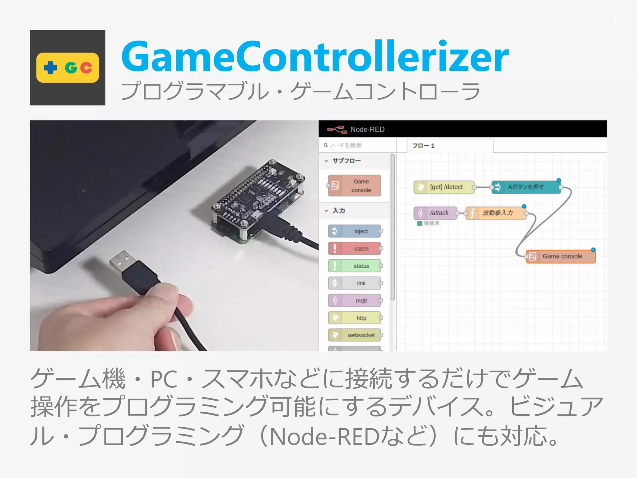 GameControllerizer
プログラマブル・ゲームコントローラ
ゲーム機・PC・スマホなどに接続するだけでゲーム
操作をプログラミング可能にするデバイス。ビジュア
ル・プログラミング（Node-REDなど）にも対応。
61
 