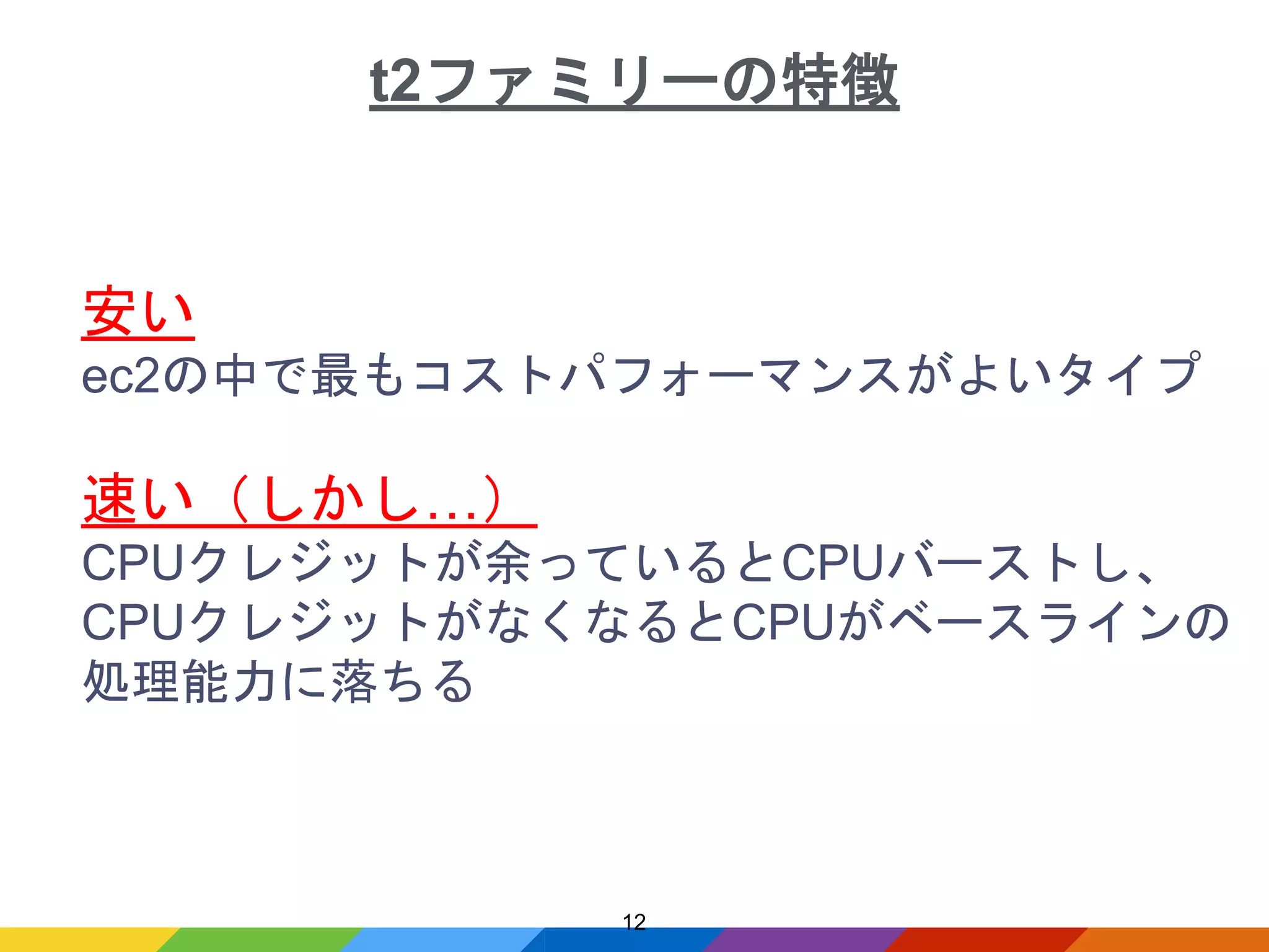 t2ファミリーの特徴
安い
ec2の中で最もコストパフォーマンスがよいタイプ
速い（しかし…）
CPUクレジットが余っているとCPUバーストし、
CPUクレジットがなくなるとCPUがベースラインの
処理能力に落ちる
12
 