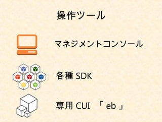操作ツール
マネジメントコンソール
各種 SDK
専用 CUI 「 eb 」
 
