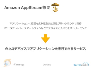#jawsug JAWS-UG
Amazon AppStream概要
アプリケーションの処理理を柔軟性及び拡張性が⾼高いクラウドで実⾏行行  
PC、タブレット、スマートフォンなどのデバイスと⼊入出⼒力力をストリーミング	

⾊色々なデバイスで...