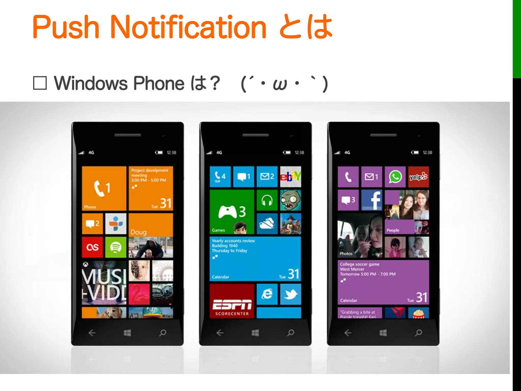 Push Notiﬁcation とは
□ Windows Phone は？ (́・ω・｀)
 
