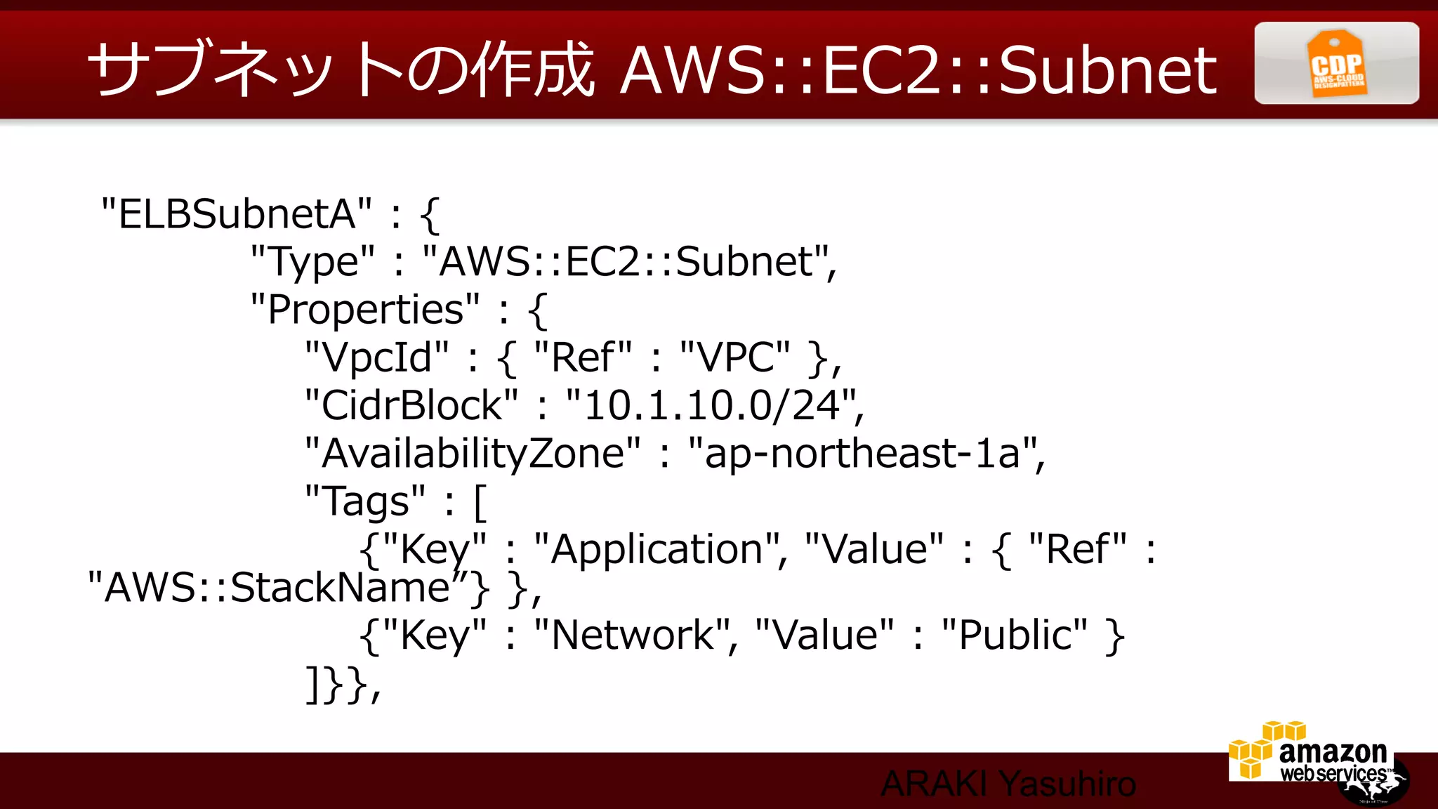 サブネットの作成  AWS::EC2::Subnet

  "ELBSubnetA"  :  {
                        "Type"  :  "AWS::EC2::Subnet",
                        "Properties"  :  {
                                "VpcId"  :  {  "Ref"  :  "VPC"  },
                                "CidrBlock"  :  "10.1.10.0/24",
                                "AvailabilityZone"  :  "ap-‐‑‒northeast-‐‑‒1a",
                                "Tags"  :  [
                                        {"Key"  :  "Application",  "Value"  :  {  "Ref"  :  
"AWS::StackName”}  },
                                        {"Key"  :  "Network",  "Value"  :  "Public"  }
                                ]}},

                                                                   ARAKI Yasuhiro
 
