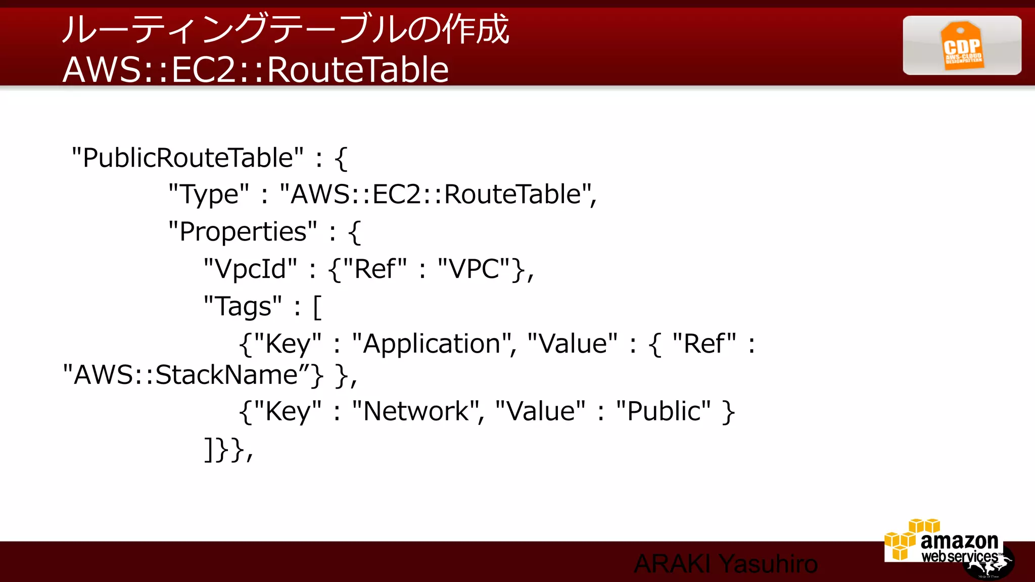 ルーティングテーブルの作成
AWS::EC2::RouteTable

  "PublicRouteTable"  :  {
                        "Type"  :  "AWS::EC2::RouteTable",
                        "Properties"  :  {
                                "VpcId"  :  {"Ref"  :  "VPC"},
                                "Tags"  :  [
                                        {"Key"  :  "Application",  "Value"  :  {  "Ref"  :  
"AWS::StackName”}  },
                                        {"Key"  :  "Network",  "Value"  :  "Public"  }
                                ]}},



                                                                          ARAKI Yasuhiro
 