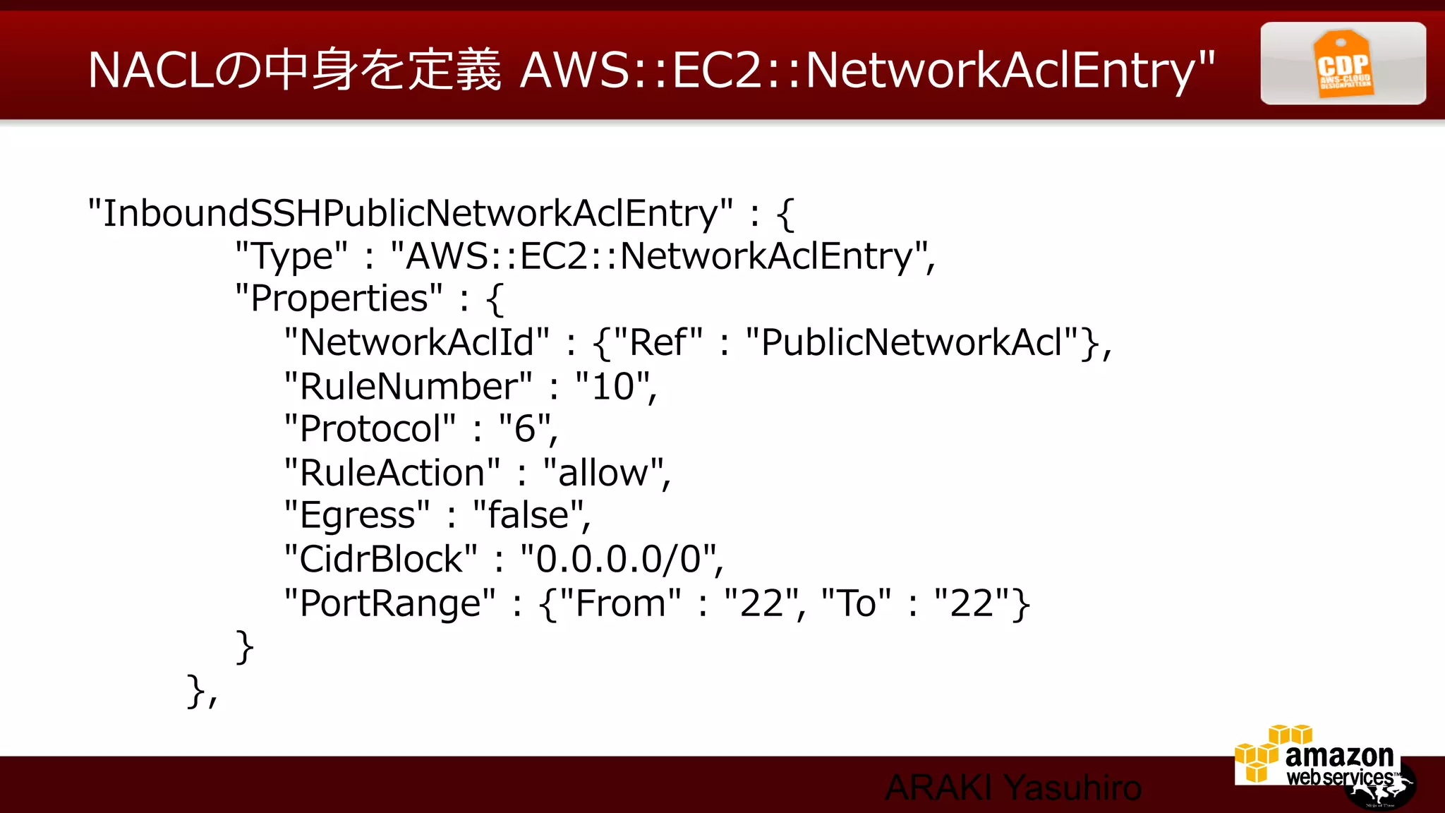 NACLの中⾝身を定義  AWS::EC2::NetworkAclEntry"

"InboundSSHPublicNetworkAclEntry"  :  {
                        "Type"  :  "AWS::EC2::NetworkAclEntry",
                        "Properties"  :  {
                                "NetworkAclId"  :  {"Ref"  :  "PublicNetworkAcl"},
                                "RuleNumber"  :  "10",
                                "Protocol"  :  "6",
                                "RuleAction"  :  "allow",
                                "Egress"  :  "false",
                                "CidrBlock"  :  "0.0.0.0/0",
                                "PortRange"  :  {"From"  :  "22",  "To"  :  "22"}
                        }
                },

                                                               ARAKI Yasuhiro
 