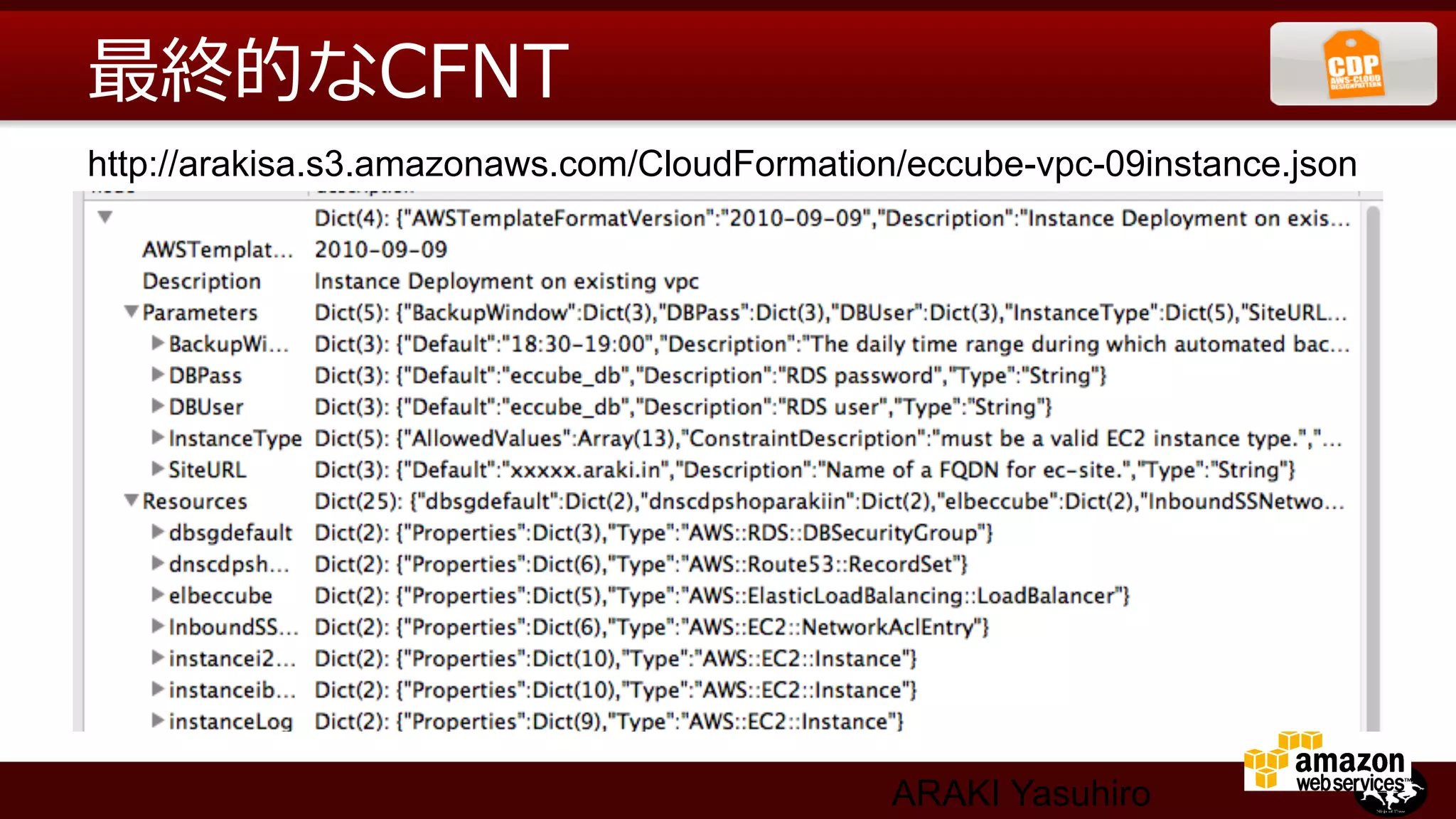 最終的なCFNT
http://arakisa.s3.amazonaws.com/CloudFormation/eccube-vpc-09instance.json	




                                              ARAKI Yasuhiro
 
