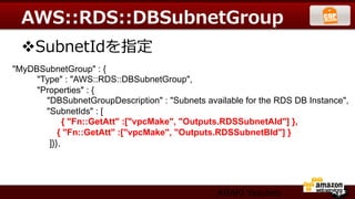 AWS::RDS::DBSubnetGroup
  v SubnetIdを指定  
"MyDBSubnetGroup" : {	
     "Type" : "AWS::RDS::DBSubnetGroup",	
     "Properties" : {	
       "DBSubnetGroupDescription" : "Subnets available for the RDS DB Instance",	
       "SubnetIds" : [	
             { "Fn::GetAtt" :["vpcMake", "Outputs.RDSSubnetAId"] },	
           { "Fn::GetAtt" :["vpcMake", "Outputs.RDSSubnetBId"] }	
        ]}},




                                                 ARAKI Yasuhiro
 