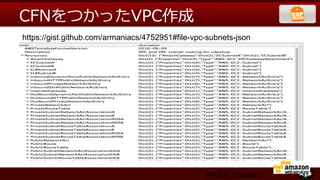 CFNをつかったVPC作成
https://gist.github.com/armaniacs/4752951#file-vpc-subnets-json	

v ここまでのGUI操作を
   CFNで




                                                   ARAKI Yasuhiro
 