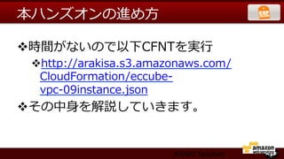 本ハンズオンの進め⽅方

v 時間がないので以下CFNTを実⾏行行
 v http://arakisa.s3.amazonaws.com/
   CloudFormation/eccube-‐‑‒
   vpc-‐‑‒09instance.json
v その中⾝身を解説していきます。


                         ARAKI Yasuhiro
 