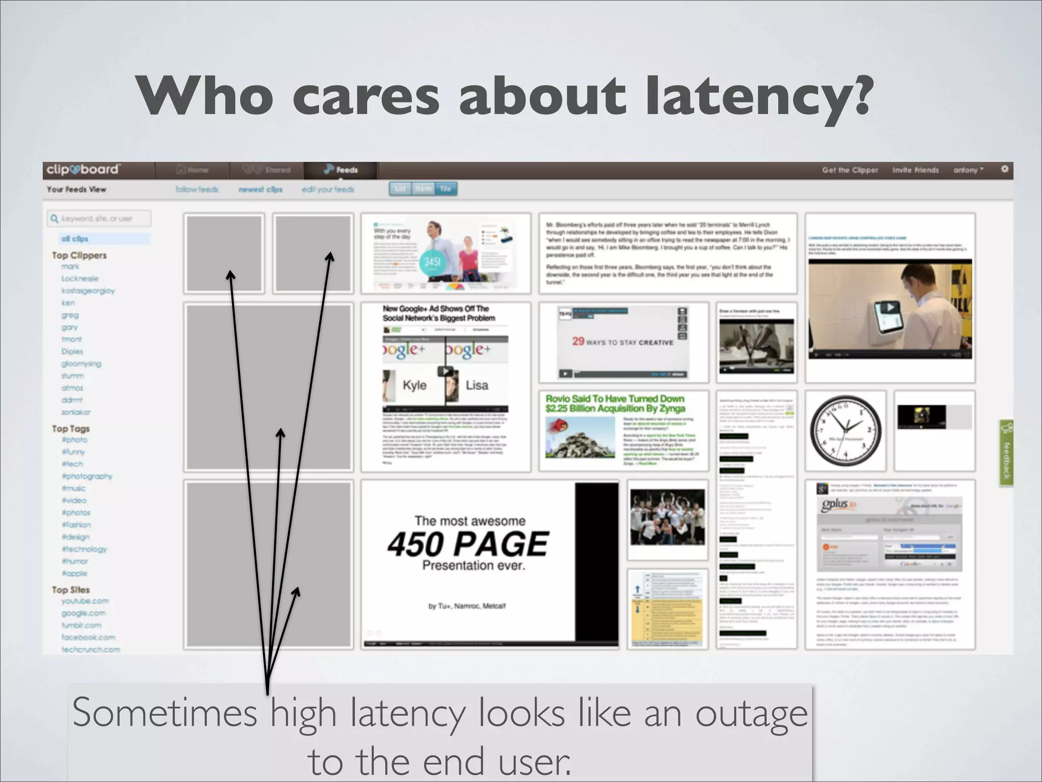 Who cares about latency?




Sometimes high latency looks like an outage
             to the end user.
 