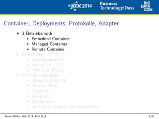 Container, Deployments, Protokolle, Adapter
3 Betriebsmodi
Embedded Container
Managed Container
Remote Container
Protokolle
Local (embedded)
Servlet 2.5 / 3.0
JMX (nur JBoss)
Container-Adapter
JBoss-AS 4,5,6,7,8
Tomcat, Jetty
GlassFish
WebLogic
WebSphere
Im Zweifel: googeln und ausprobieren
Bernd M¨uller, JAX 2014, 15.5.2014 8/61
 