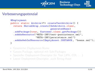 Verbesserungspotenzial
@Deployment
public static Archive <?> createTestArchive () {
return ShrinkWrap.create(WebArchive.class ,
generatedName)
.addPackage(true , Customer.class.getPackage ())
.addAsResource("META -INF/test -persistence.xml",
"META -INF/persistence.xml")
. addAsWebInfResource (EmptyAsset.INSTANCE , "beans.xml");
}
Generierter Deployment-Name
Ganzes Package, optional mit Sub-Packages
Spezieller Deployment-Descriptor f¨ur Test (JPA, CDI, . . . )
Leerer Deployment-Descriptor, auch String-Asset
Bernd M¨uller, JAX 2014, 15.5.2014 11/61
 