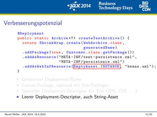 Verbesserungspotenzial
@Deployment
public static Archive <?> createTestArchive () {
return ShrinkWrap.create(WebArchive.class ,
generatedName)
.addPackage(true , Customer.class.getPackage ())
.addAsResource("META -INF/test -persistence.xml",
"META -INF/persistence.xml")
. addAsWebInfResource (EmptyAsset.INSTANCE , "beans.xml");
}
Generierter Deployment-Name
Ganzes Package, optional mit Sub-Packages
Spezieller Deployment-Descriptor f¨ur Test (JPA, CDI, . . . )
Leerer Deployment-Descriptor, auch String-Asset
Bernd M¨uller, JAX 2014, 15.5.2014 11/61
 