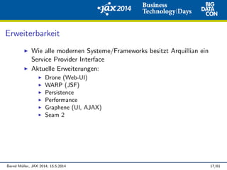 Erweiterbarkeit
Wie alle modernen Systeme/Frameworks besitzt Arquillian ein
Service Provider Interface
Aktuelle Erweiterungen:
Drone (Web-UI)
WARP (JSF)
Persistence
Performance
Graphene (UI, AJAX)
Seam 2
Bernd M¨uller, JAX 2014, 15.5.2014 17/61
 