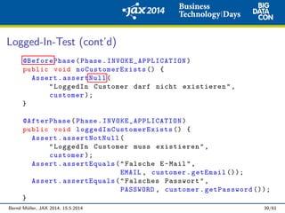 Logged-In-Test (cont’d)
@BeforePhase(Phase. INVOKE_APPLICATION )
public void noCustomerExists () {
Assert.assertNull(
"LoggedIn Customer darf nicht existieren",
customer );
}
@AfterPhase(Phase. INVOKE_APPLICATION )
public void loggedInCustomerExists () {
Assert.assertNotNull(
"LoggedIn Customer muss existieren",
customer );
Assert.assertEquals("Falsche E-Mail",
EMAIL , customer.getEmail ());
Assert.assertEquals("Falsches Passwort",
PASSWORD , customer.getPassword ());
}
Bernd M¨uller, JAX 2014, 15.5.2014 39/61
 