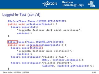 Logged-In-Test (cont’d)
@BeforePhase(Phase. INVOKE_APPLICATION )
public void noCustomerExists () {
Assert.assertNull(
"LoggedIn Customer darf nicht existieren",
customer );
}
@AfterPhase(Phase. INVOKE_APPLICATION )
public void loggedInCustomerExists () {
Assert.assertNotNull(
"LoggedIn Customer muss existieren",
customer );
Assert.assertEquals("Falsche E-Mail",
EMAIL , customer.getEmail ());
Assert.assertEquals("Falsches Passwort",
PASSWORD , customer.getPassword ());
}
Bernd M¨uller, JAX 2014, 15.5.2014 39/61
 