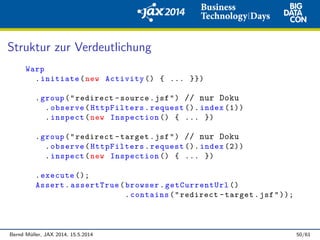 Struktur zur Verdeutlichung
Warp
.initiate(new Activity () { ... }})
.group("redirect -source.jsf") // nur Doku
.observe(HttpFilters.request (). index (1))
.inspect(new Inspection () { ... })
.group("redirect -target.jsf") // nur Doku
.observe(HttpFilters.request (). index (2))
.inspect(new Inspection () { ... })
.execute ();
Assert.assertTrue(browser.getCurrentUrl ()
.contains("redirect -target.jsf"));
Bernd M¨uller, JAX 2014, 15.5.2014 50/61
 