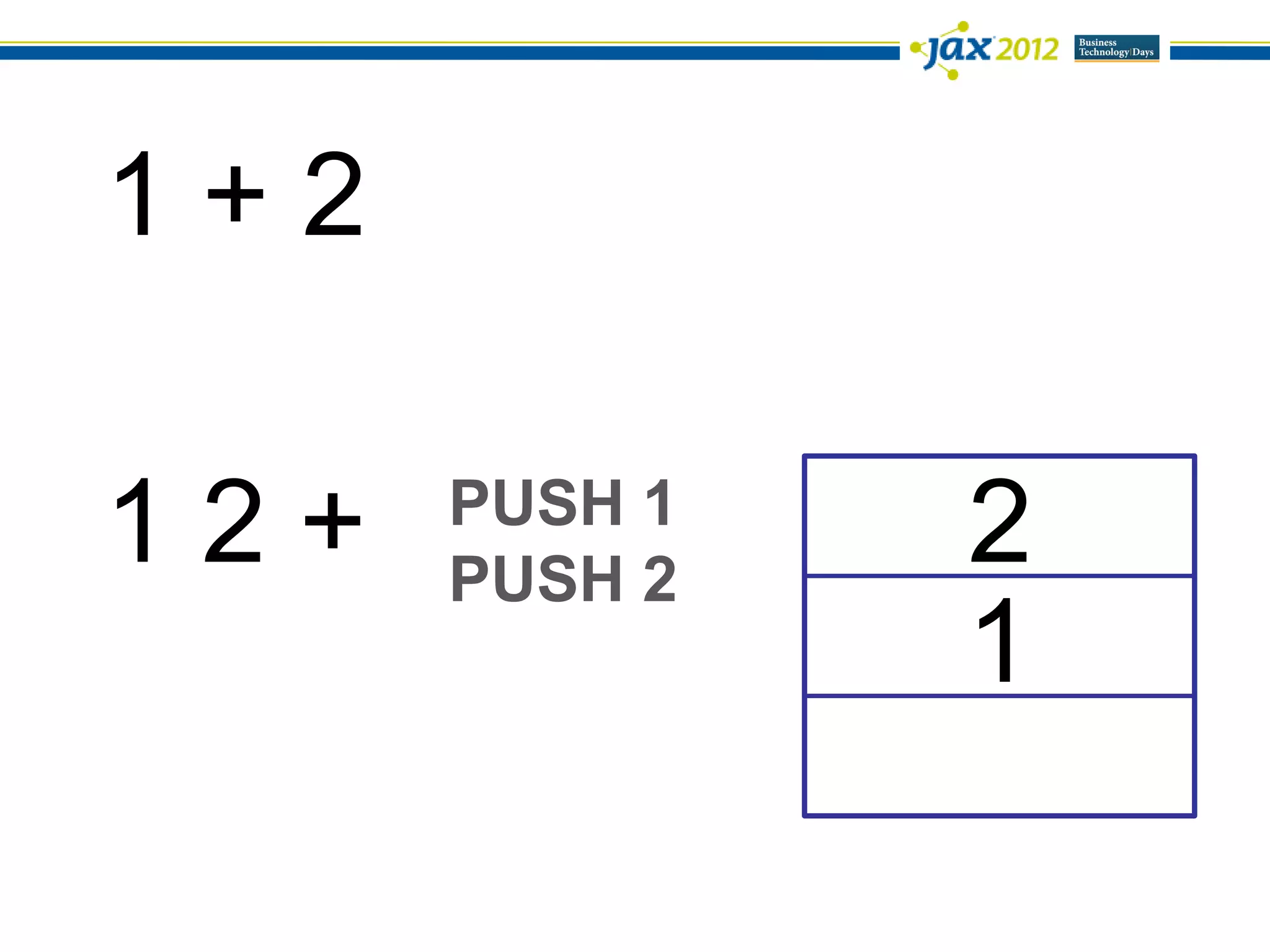 1+2

12+   PUSH 1
      PUSH 2
               2
               1
 