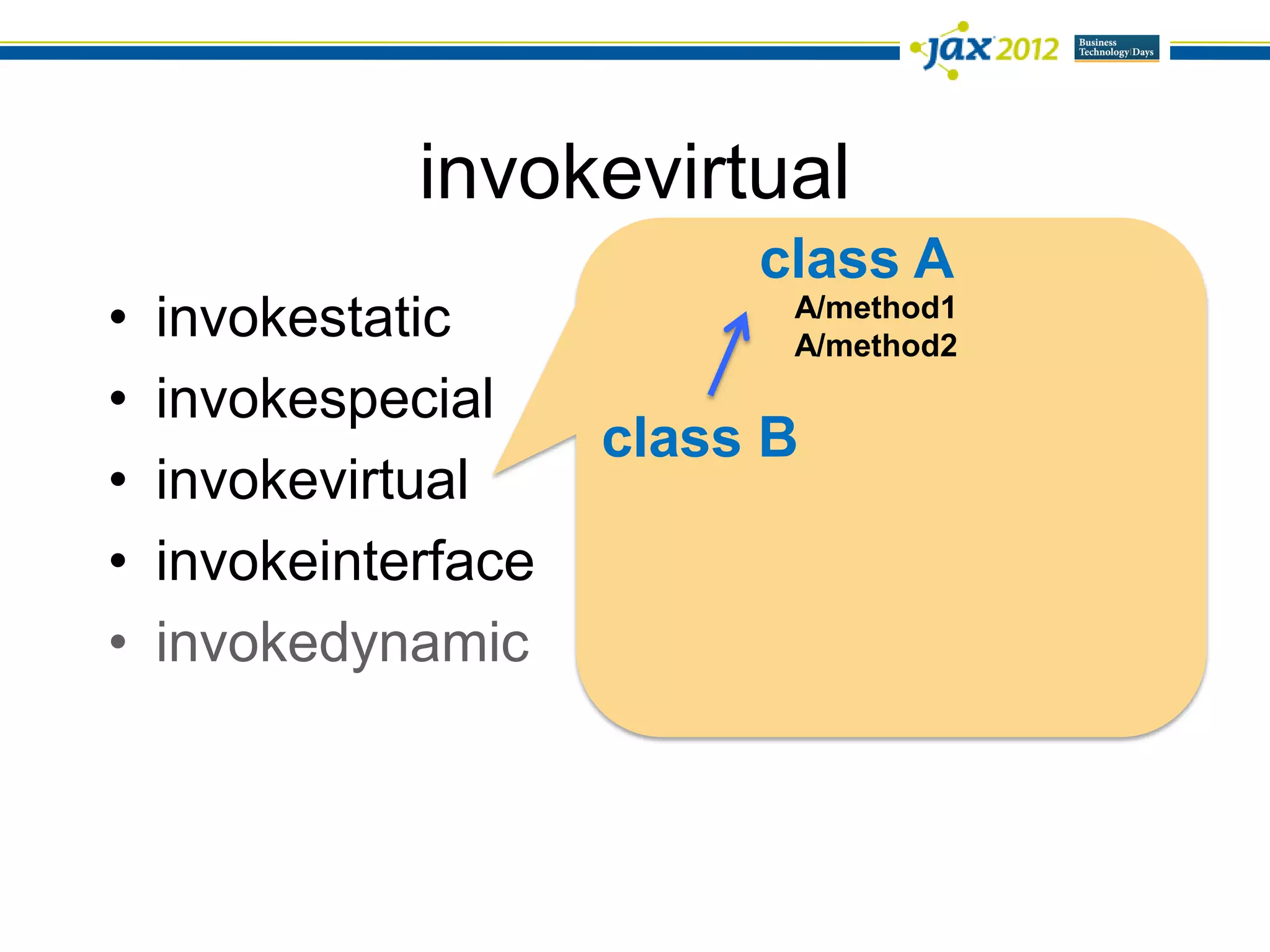 invokevirtual
                           class A
•   invokestatic            A/method1
                            A/method2
•   invokespecial
                      class B
•   invokevirtual
•   invokeinterface
•   invokedynamic
 